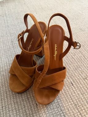 Salvatore Ferragamo Cognac Suede Cross-Strap Block Heel Sandals